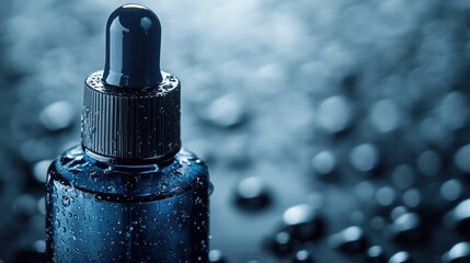 Dark-blue serum bottle, dropper, wet, background bokeh, beauty