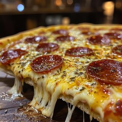 Close-up of Hot, Cheesy, Pepperoni Pizza with Dripping Melted Mozzarella Cheese.