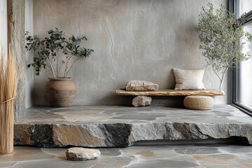 Stone platform with plants and organic seating pieces.