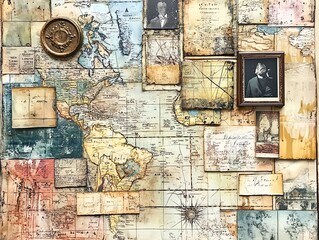 Fototapeta premium Antique World Map Collage: A Distressed Vintage Artwork