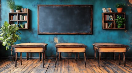 Rustic Classroom Setting With Three Desks And Blackboard