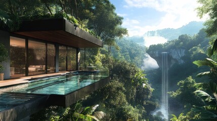 Modern Jungle House With Infinity Pool and Waterfall View