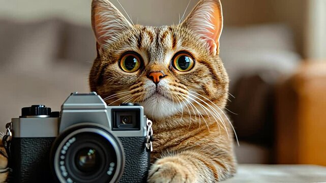 A curious cat poses with a camera, showcasing its playful personality.