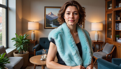 Polished woman wearing blue fox fur shawl in lavish salon, elegance