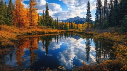 Fototapeta premium Autumnal Mountain Lake Reflecting Golden Trees and Sky