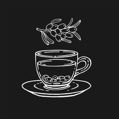 Cup of tea with sea buckthorn. Hand drawn vector illustration in outline style.