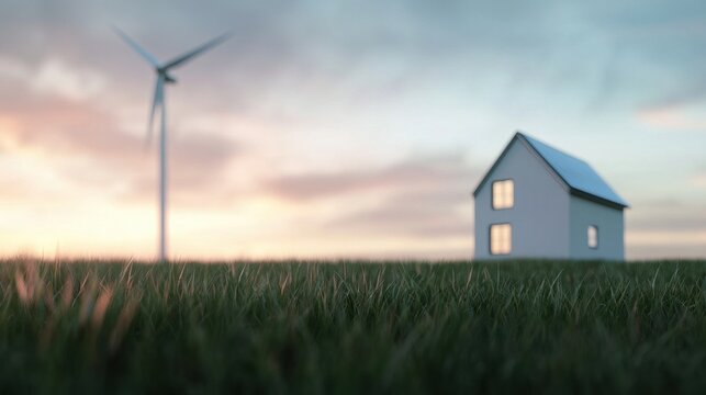 A wind turbine is in the background of a house