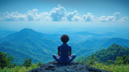 Naklejka premium Peaceful Contemplation: Woman Meditating on Mountaintop overlooking Serene Landscape