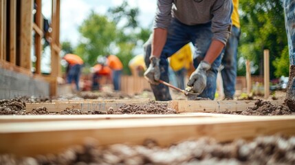 A volunteers helping to construct a new community building, working with tools and building materials