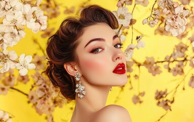 Fototapeta premium A glamorous woman with bold red lipstick and sparkling earrings, on a pastel yellow backdrop with delicate floral patterns for a springtime feel