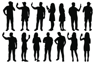  People selfie different poses silhouettes set isolated flat vector illustration on white background.e