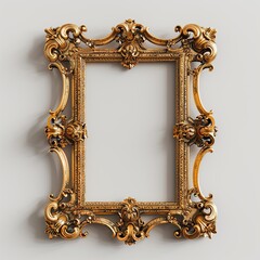 Ornate gold picture frame with intricate designs, empty for artwork display. isolated on white background