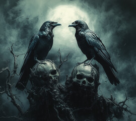 Dark Gothic Artwork with Ravens on Skulls and a Moonlit Background – Perfect for Music metal rock Album Covers or Mysterious Themes