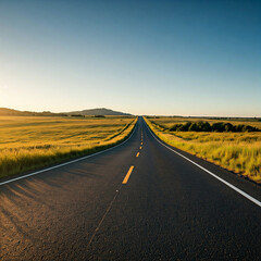 Fototapeta premium road in the countryside field. Empty road passing through grassy landscape under blue sky.