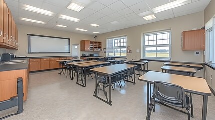 Modern School Classroom With Desks And Projector