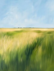 Fototapeta premium Serene Green and Golden Grassland Under a Clear Sky, Oil Painting Style.