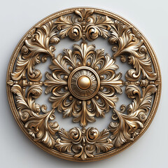 Golden ceiling medallion with swirls, ornament on a white background, 3D illustration, rendering.  Generative AI