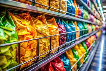 Fototapeta premium Colorful Potato Chip Variety Pack on Grocery Store Shelf - Snack Food Aisle