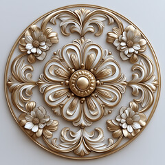 Golden ceiling medallion with swirls, ornament on a white background, 3D illustration, rendering.  Generative AI