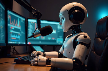 Humanoid AI robot working at the radio station studio, artificial intelligence and entertainment concept