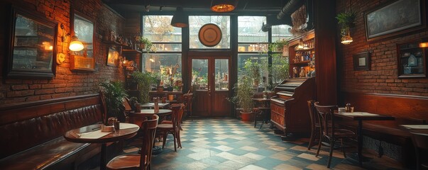Cozy Vintage Cafe Interior: Brick Walls, Wooden Furniture, and Natural Light