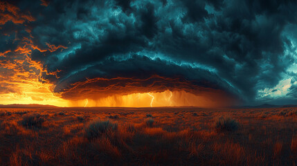 Fiery sunset with massive storm clouds and lightning over a flat landscape.