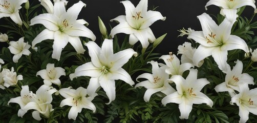 Elegant white lilies funeral backdrop with greenery and roses, funeral, floral arrangement, grief, remembrance, memorial
