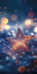 Shimmering Gold Star on Glittery Surface with Bokeh Light Background.
