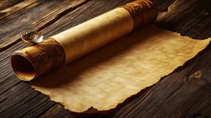 Fototapeta premium Antique Parchment Scroll Unrolled on Dark Wood