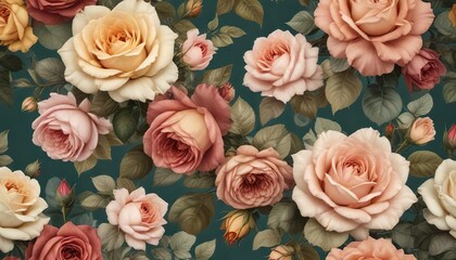 Seamless vintage roses pattern with antique color palette, elegance, classic, retro
