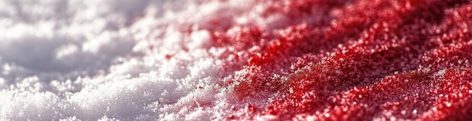 Bright red blood contrasts sharply against the white snow, creating a haunting visual in a desolate winter environment. The tranquil setting amplifies the unsettling detail, banner.