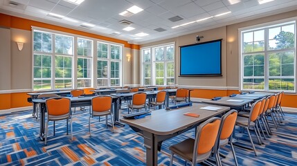 Bright Classroom With Orange Chairs And Large Windows