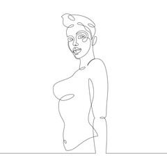 Portrait of a young woman girl with short hair in a bikini. One continuous drawing line, logo single hand drawn art doodle isolated minimal illustration.