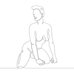 Young woman girl with short hair on the beach in a bikini. One continuous drawing line, logo single hand drawn art doodle isolated minimal illustration.