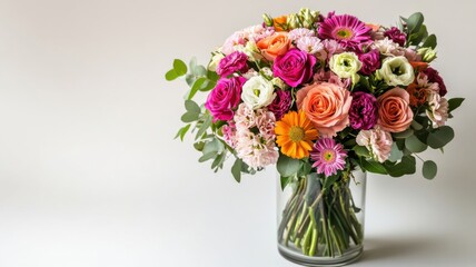 Fototapeta premium A vibrant bouquet of mixed flowers in a clear vase, showcasing a variety of colors and textures, perfect for decoration or gifting.