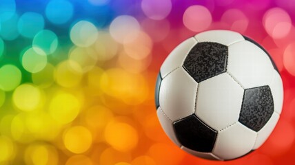 Naklejka premium A classic black and white soccer ball floats against a vibrant, colorful bokeh background, symbolizing fun and excitement in sports.