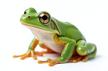 Obraz premium Close-up of a vibrant green frog with intricate details sitting on a clean white background. Concept of nature and wildlife