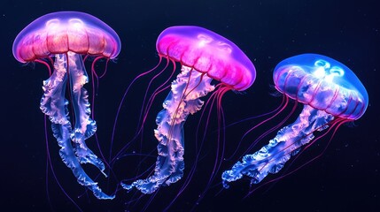 Three jellyfish swim in dark aquarium; underwater scene