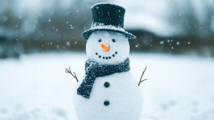 Fototapeta premium A cheerful snowman stands in a snowy landscape, wearing a black top hat and a scarf, with a bright orange carrot nose and coal eyes.