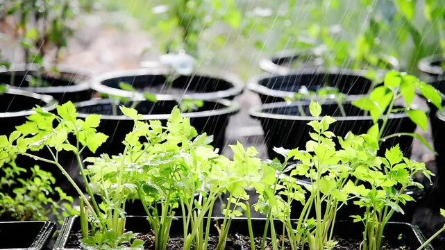 Fresh green seedlings growing in black pots under gentle rainfall in a garden, representing sustainable gardening, nurturing plants, and eco-friendly farming practices