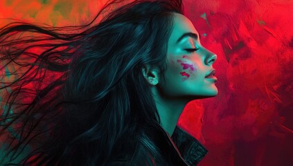 A vibrant portrait featuring a woman with colorful face paint highlighting her striking blue eyes and artistic expression