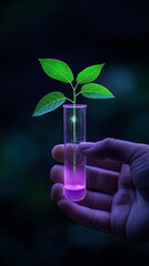 A hand holding a glowing seedling sprouting from a test tube, symbolizing investments in scientific growth and research.