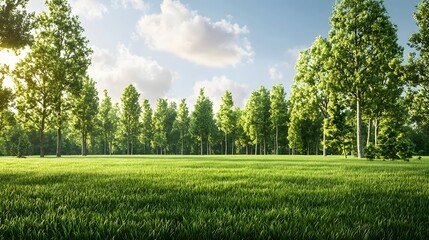 Fototapeta premium Stunning scenic view of a picturesque green field with lush vibrant trees and a sunlit serene landscape in an idyllic natural setting Peaceful tranquil and refreshing outdoor environment