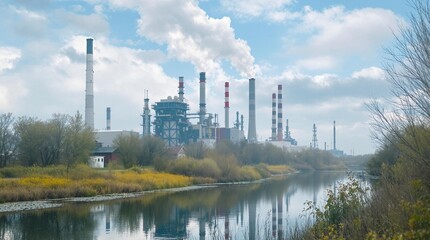 Fototapeta premium Industrial plant near the river lifestyle photo. Concept of river and environmental pollution