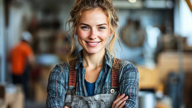 A skilled woman smiling confidently in a workshop environment, showcasing craftsmanship.