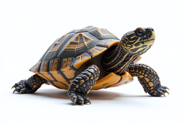 Obraz premium Turtle with detailed shell and patterned skin on white backdrop.