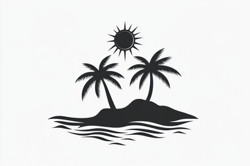 Tropical island silhouette with two palm trees and sun.