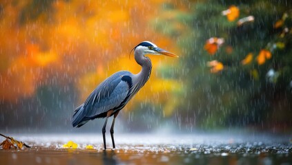 Naklejka premium Elegant wild heron standing by a tranquil river in summer, surrounded by lush greenery and reflecting calm waters