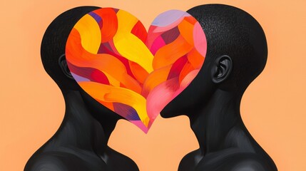A symbolic painting of two Black figures surrounded by a glowing heart, vibrant colors representing the strength of their bond.