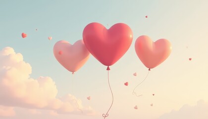 Colorful heart-shaped balloons floating against a serene sky with fluffy clouds